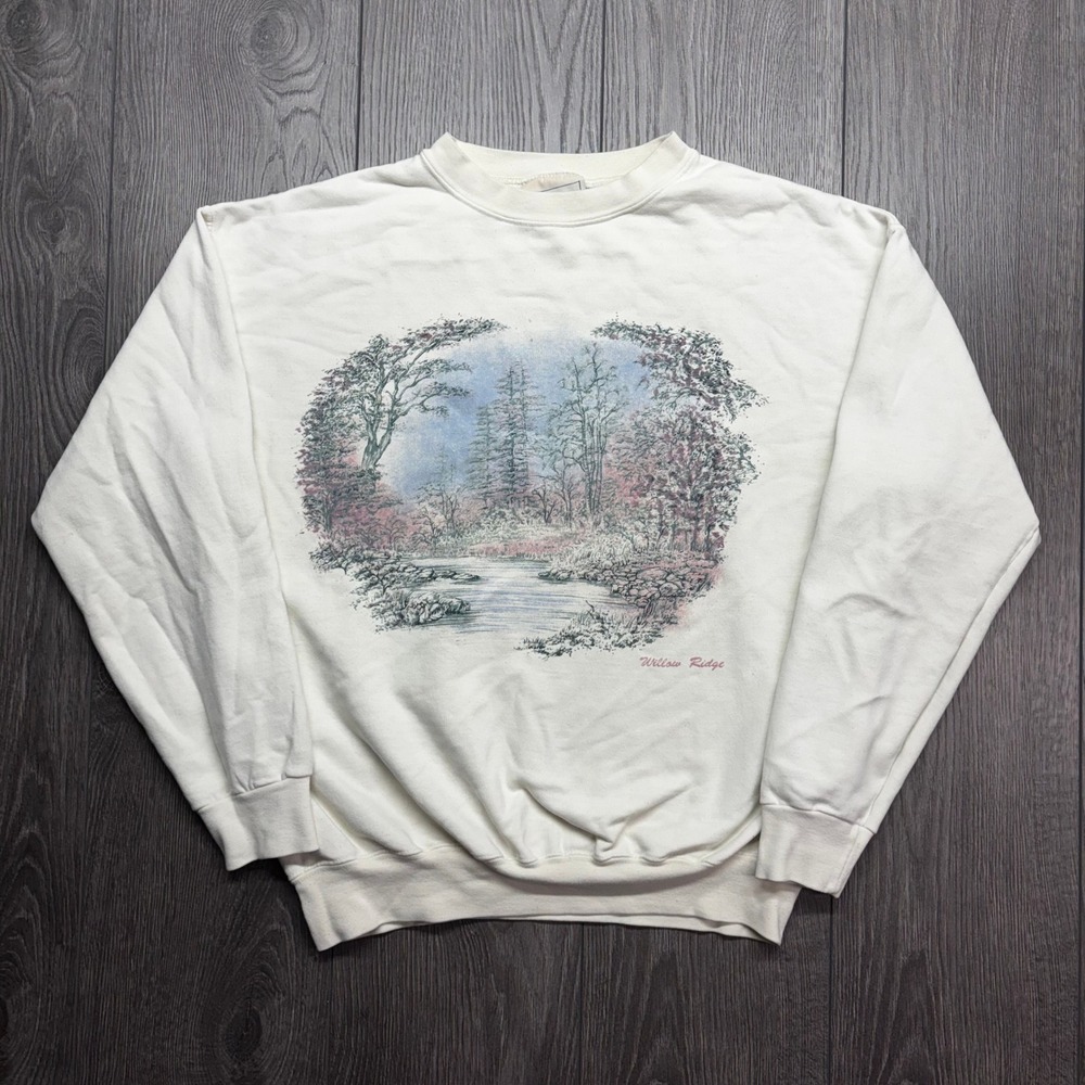 Willow Ridge Vintage Nature Scene Graphic Sweatshirt Cream XS Made in Canada